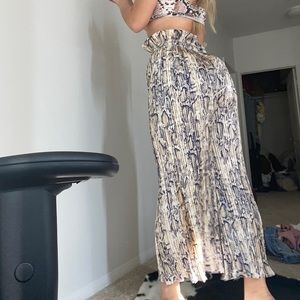 snake print pleated satin pants paperbag waist